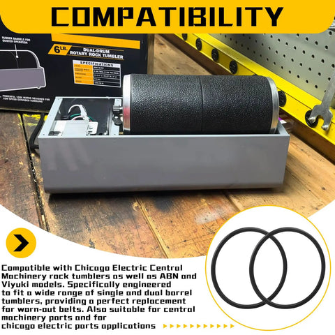 Replacement Drive Belt For Single And Dual Barrel Rock Tumblers 3 Pack Beefy Nitrile Rubber Construction Built To Last Fits Central Machinery ABN Viyuki Models, shown next to rock tumbler.
