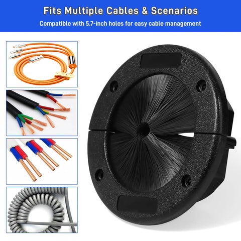 Beat The Wire Chaos With 2 Pack Round Brush Grommets 4 Inch Split Plate for cable management, showing black grommet with dense bristles.