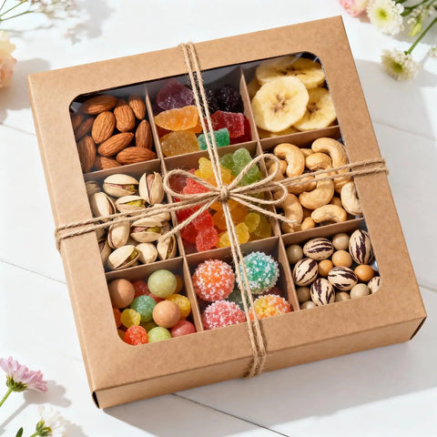Gift box of assorted nuts and candy tied with 328 Ft Jute Twine 1.5 mm 2 Ply Natural Craft Twine String For Gift Wrapping