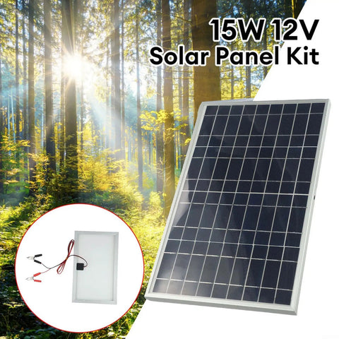 15W 12V Portable Solar Panel Kit with alligator clips for battery charging in forest setting, IP65 waterproof monocrystalline module.