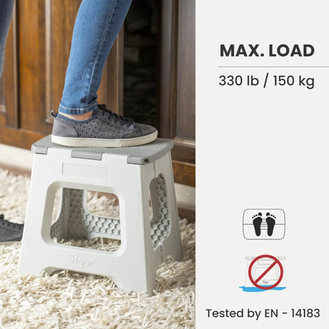 Person standing on Compact Foldable Step Stool for Adults Up to 330 Pounds, Lightweight Non Slip Gray Stool in living room