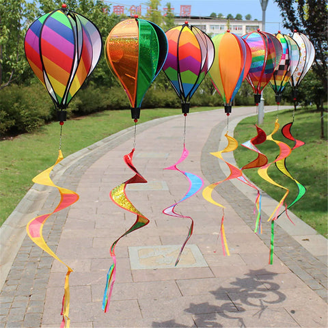 Rainbow Windsock Set Of 3 Hot Air Balloon Wind Spinners for outdoor garden with colorful spirals, vivid stripes on pathway