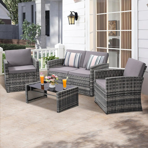Four-Piece Outdoor Patio Furniture Set With Wicker Rattan Modular Sectional Sofa With Cozy Cushions And Glass Table Light Gray