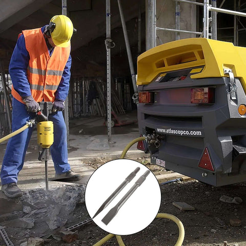 Jack hammer drill bit set: 16-inch, 4-pack; side view shows demolition hammer; inset shows flat tip & bull point bits.