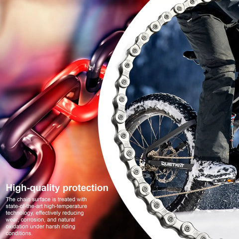 Heavy Duty E Bike Chain Kit For 6 7 8 Speed With 136 Links Built Tough High Tensile Strength Anti Break Anti Corrosion And Anti Rust Drive Chain Includes Chain Pliers With Hooks Chain Remover And Two Pairs Quick Release Buckles. Carbon steel e-bike chain in snowy ride use.
