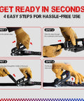 Heavy Duty Ratchet Tie Down Straps Built Like A Badass Workhorse With Rust Resistant Zinc Ratchets being used in four steps for cargo securing.
