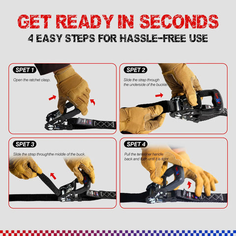 Heavy Duty Ratchet Tie Down Straps Built Like A Badass Workhorse With Rust Resistant Zinc Ratchets being used in four steps for cargo securing.