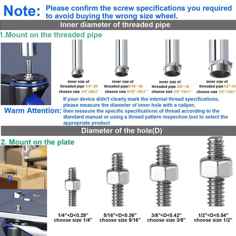 Infographic showing screw specifications for 2 Inch Heavy Duty Swivel Caster Wheels Threaded Stem UNC 1/4-20 By 1 Inch Set Of 4