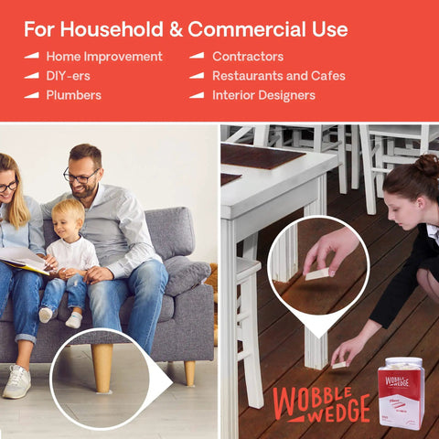 Flexible Plastic Leveling Shims For Home DIYers And Furniture Stabilizers Clear Wedges For Tables Beds Desks Toilet And Appliances Easy Stabilization Made In USA 300 Pack in use for leveling a sofa and a table.