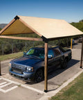 Car parked under pergola with 14 Piece 30 Degree Slanted Pergola Bracket Kit for 4x4 Wood Posts, steel brackets visible