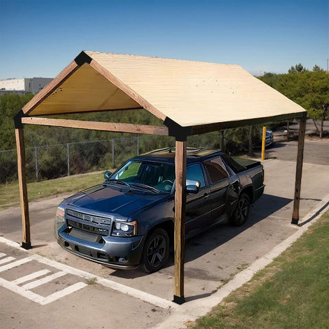 Car parked under pergola with 14 Piece 30 Degree Slanted Pergola Bracket Kit for 4x4 Wood Posts, steel brackets visible