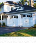 Garage doors with Rustic Matte Black 8 Inch Decorative Barn Door Bracket I Shape Dummy Gate Hinge installed for farmhouse style decor.