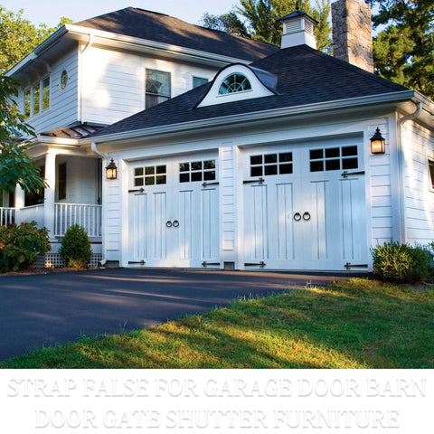Garage doors with Rustic Matte Black 8 Inch Decorative Barn Door Bracket I Shape Dummy Gate Hinge installed for farmhouse style decor.