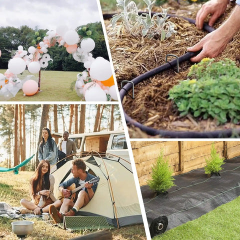 Collage featuring 25 Pack 6 Inch Landscape Staples 11 Gauge Galvanized Lawn Stakes for securing fabric in garden setups.