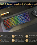 Sick Tri Mode Wireless Gaming Keyboard With Gasket Mount Mechanical Structure Hot Swappable Switches Eight Thousand Mah Battery Damped Creamy Sound Dial Knob Full Rgb Ninety Eight Layout For Beat Desktop Rig on desk with RGB lighting