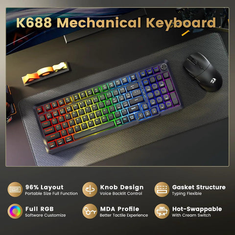 Sick Tri Mode Wireless Gaming Keyboard With Gasket Mount Mechanical Structure Hot Swappable Switches Eight Thousand Mah Battery Damped Creamy Sound Dial Knob Full Rgb Ninety Eight Layout For Beat Desktop Rig on desk with RGB lighting