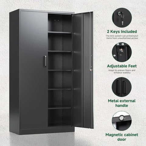 72 Inch Metal Garage Storage Cabinet With Locking Doors Tall Tool Organizer Steel Lockers 5 Adjustable Shelves For Home Office Warehouse Garage Heavy Duty Lockable Steel Cabinet In Black, front view, doors open showing shelves