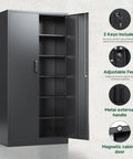 Tall black metal storage cabinet with locking doors, five adjustable shelves, heavy duty steel for home, office, warehouse use.