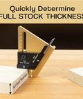 Precision Center Gauge For Woodworking Instantly Finds Half Thickness Of Wood Stock So You Can Set Table Saw Blade Dado And Router Bit Height No Math No Measuring Easy To Use Centering Tool showing full stock thickness measurement on a piece of wood