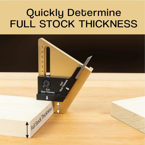Precision Center Gauge For Woodworking Instantly Finds Half Thickness Of Wood Stock So You Can Set Table Saw Blade Dado And Router Bit Height No Math No Measuring Easy To Use Centering Tool showing full stock thickness measurement on a piece of wood