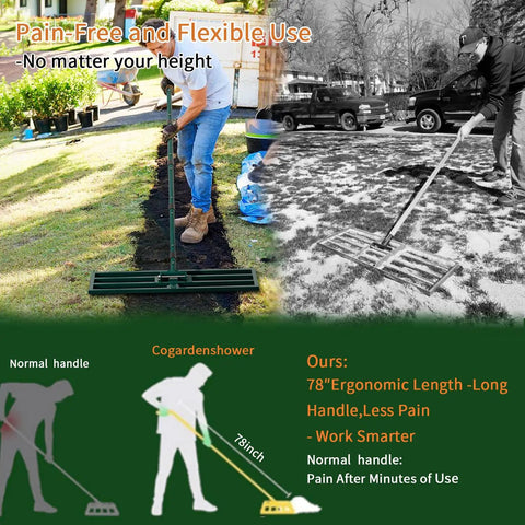 Heavy Duty Stainless Steel Lawn Leveling Rake With 78 Inch Adjustable Handle in use for landscaping and soil smoothing.