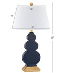 Totally Chic Navy Blue And Gold Ceramic Table Lamp With White Linen Shade, Sleek Mid Century Triple Gourd Design For Bedroom Or Office, 29 Inch Tall Bedside Lamp With LED Bulb Included