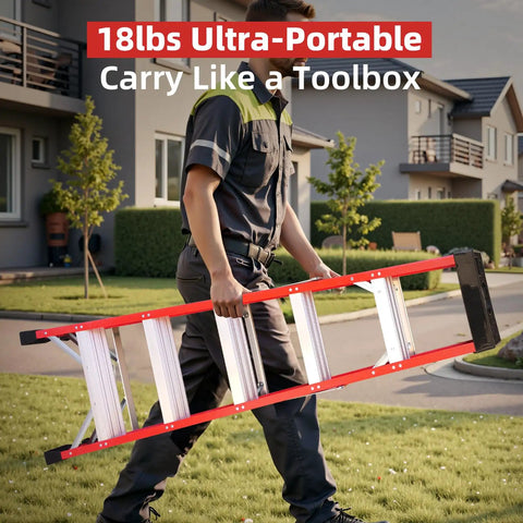 Person carrying a Heavy Duty 5 Step Fiberglass Ladder Foldable With Tool Tray Non Slip Wide Treads in a garden setting.