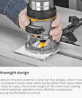 Person using Replacement Sub Base Clamp A27941 for DeWalt DWP611 DCW600 routers with acrylic base on a wooden surface