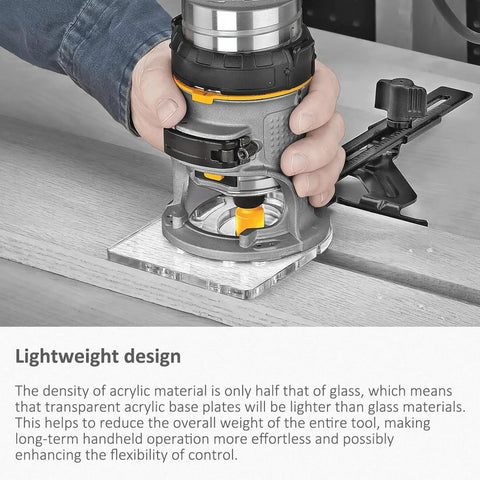 Person using Replacement Sub Base Clamp A27941 for DeWalt DWP611 DCW600 routers with acrylic base on a wooden surface
