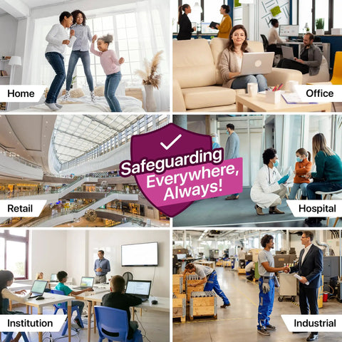 Collage showing diverse environments such as home, office, hospital, each labeled with 'Safeguarding Everywhere, Always!'