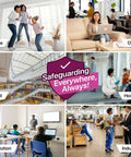 Collage showing air filter use in home, office, retail, hospital, institution, and industrial settings with 'Safeguarding Everywhere' text.