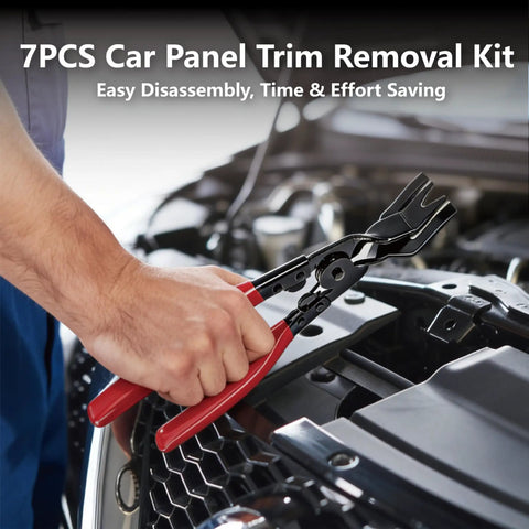 Using the 7 Piece Pro Grade Car Trim Removal Tool Kit With Non Scratch Plastic Pry Tools And Fastener Clip Pliers on car panel.