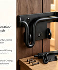 Heavy Duty Steel Gate Slide Bolt Latch Features Black Powder Coated Finish For Hella Secure Rust Resistant Outdoor Protection On Wooden Fencing With Tough As Nails Bi Directional Mounting Hardware installed on barn door.