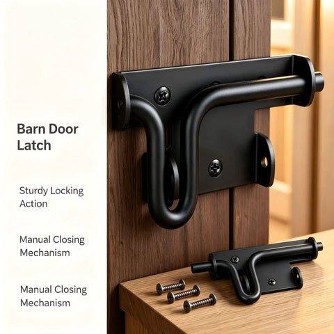 Heavy Duty Steel Gate Slide Bolt Latch Features Black Powder Coated Finish For Hella Secure Rust Resistant Outdoor Protection On Wooden Fencing With Tough As Nails Bi Directional Mounting Hardware installed on barn door.