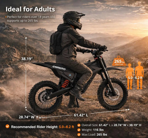 Beast 3000W Electric Dirt Bike For Teens And Adults 40 MPH Top Speed 53 Mile Range 48V 23Ah Battery 14 And 12 Inch Tires Dual Disc Brakes Full Suspension Off Road Ride, side view