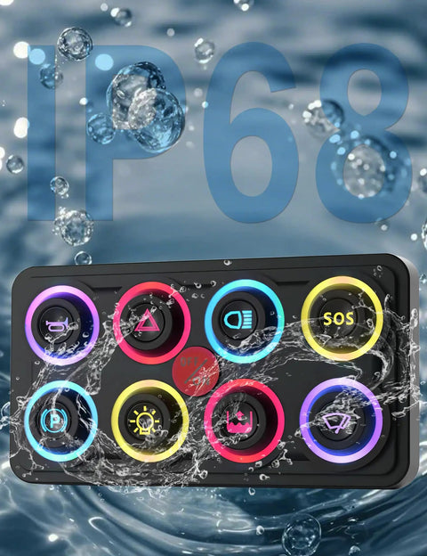 Waterproof Beefy 8 Gang Switch Panel 12V 24V IP68 with Four Modes Toggle Momentary Pulse SOS Eight Color Backlit in water splash