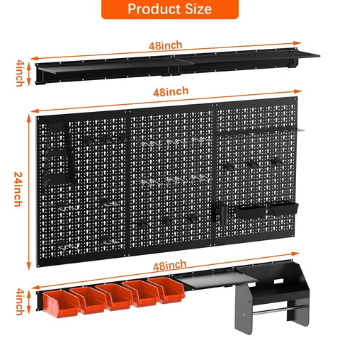4ft Wide Metal Pegboard Wall Organizer Kit With Accessories For Garage, Wall Mount Tool Storage System in Black Steel
