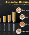 Fan Favorite Four Piece Flush Trim Router Bits Set One Quarter Inch Shank Top Bearing Carbide Steel on display for MDF, solid wood, plywood and particle board.