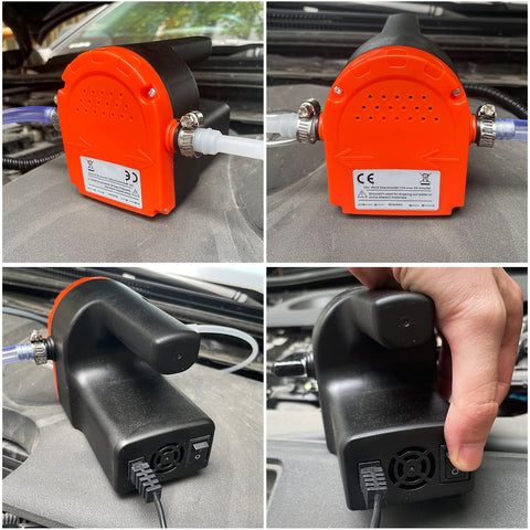 12V 100W Oil Change Pump Extractor showing front and side views with connections for clean oil and diesel transfer.