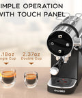No Fuss Twenty Bar Semi Automatic Espresso Machine With Slick Touch Panel Controls and coffee shots in single and double cups.