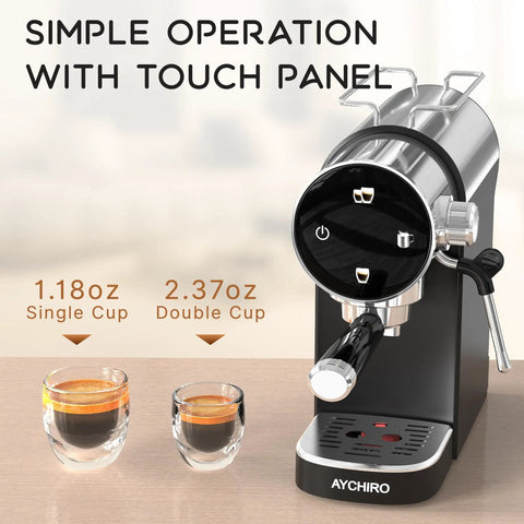 No Fuss Twenty Bar Semi Automatic Espresso Machine With Slick Touch Panel Controls and coffee shots in single and double cups.