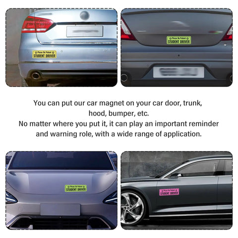 Two Pack Student Driver Magnets for Car Highly Reflective Stickers for Doors Trunk Hood and Bumper Universal Removable Be Patient New Driver Magnet Yellow on car rear and side