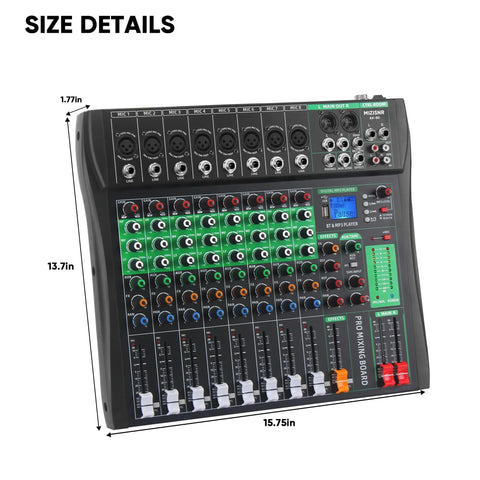 8 Channel DJ Audio Mixer With Reverb And Bluetooth Pro Grade Studio Quality Sound Console With USB Recording size details