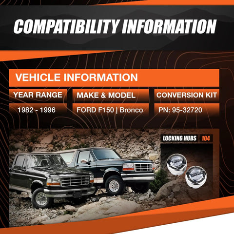 Compatibility information for Pair Of Premium Manual Locking Hub Set For 1982 1996 Ford F150 And Bronco Front Hubs Requires 95 32720
