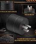 Rugged 15 To 30 Amp Rv Power Adapter Nema 5-15P To Tt-30R Plug In Converter For Home Outlet And Travel Trailer black PVC material features brass prongs.