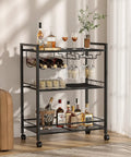 Sleek Black Three Tier Bar Cart With Smooth Rolling Lockable Wheels And Top Shelf Storage, featuring wine bottles and glass holders.