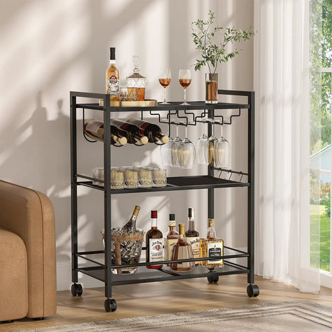 Sleek Black Three Tier Bar Cart With Smooth Rolling Lockable Wheels And Top Shelf Storage, featuring wine bottles and glass holders.