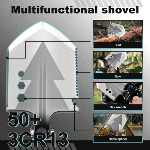 All In One 20 In 1 Multitool Survival Kit with multifunctional shovel features including axe, saw, and wrench for camping