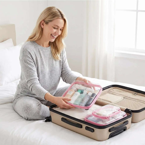 Woman packing Clear Hard Shell Makeup Pouch Set, transparent cases with beauty products into suitcase on bed.