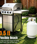 3.5 Ft Universal Gas Grill Regulator And Hose With Leak Detector Gauge For Propane BBQ Grills Patio Heaters And Fire Pits Compatible With Weber Char-Broil Nexgrill Blackstone 28 Inch 36 Inch Grills connected to a propane tank and grill